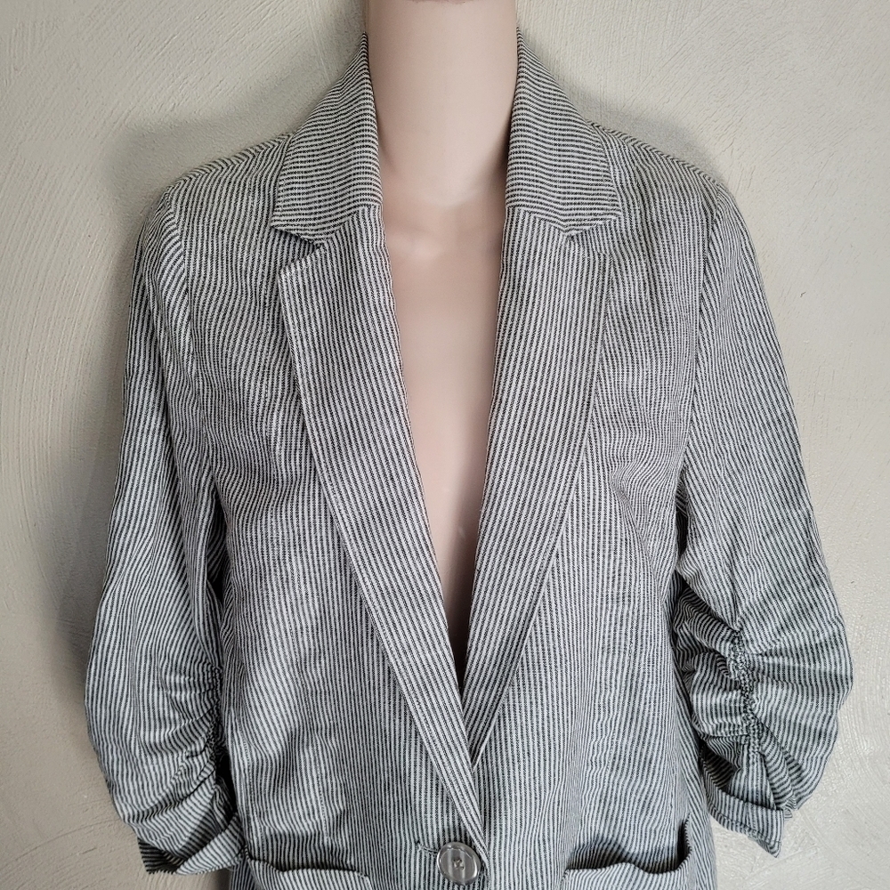 Max Studio White and Green Striped Linen Ruched Sleeve Blazer Size Women's Small - Picture 5 of 12